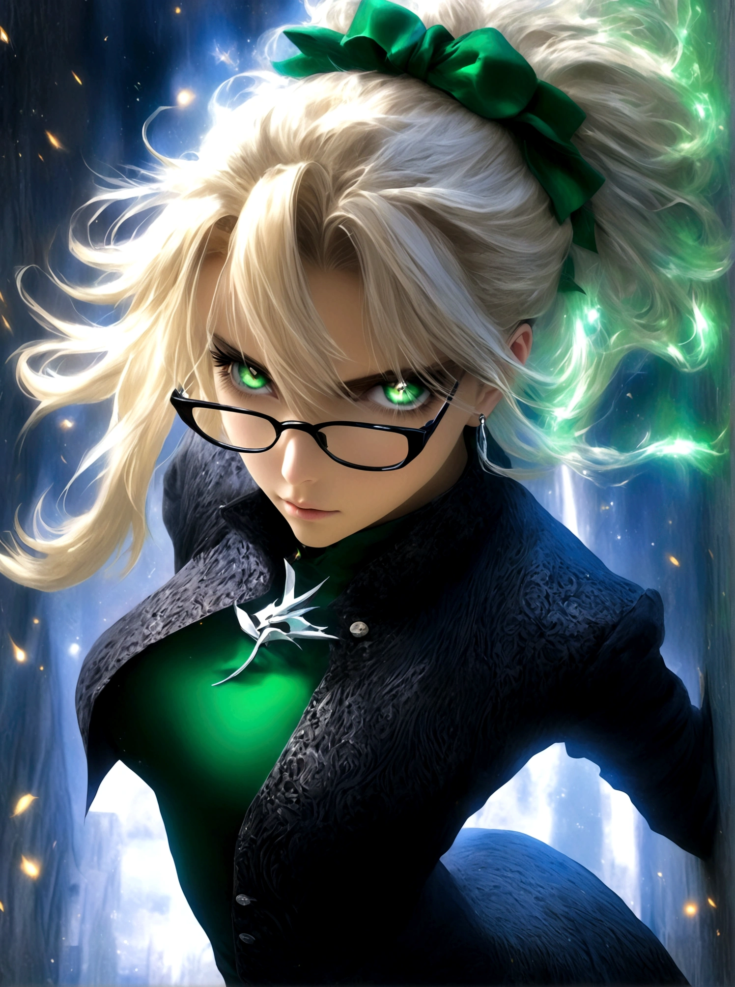artoria pendragon, Type-Moon, fate/ stay night,floating,comiccore,filigree quasar,super realistic,super detailed wallpaper,8K,Aho,Green eyes,Royal sister,Long blond hair,Wearing silver glasses,Black vest,Delicate and small earrings,Black coat,Exposing belly,Wearing black silk,Long legs,Black shorts,Black high heels,On the Street,Dynamic Angle,Dynamic poses,Best picture quality,Original,high quality, --ar 9:16 --q 5 --niji 5
