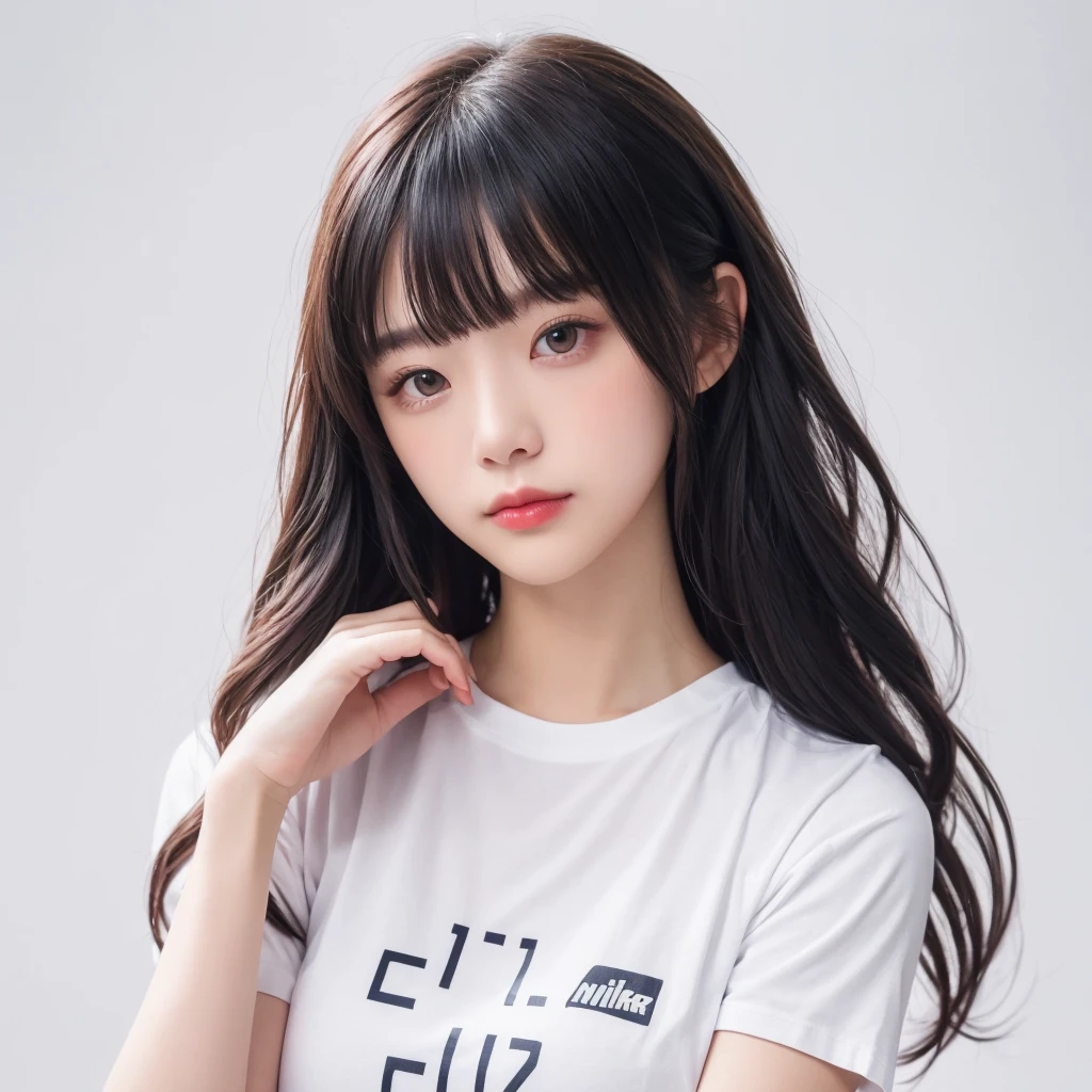 woman, body hairstyle, long style, bob length, soft curl, integrated into face line bangs, black hair, Nikon Z7 II Mirrorless Camera, 120mm F/4 wide-angle lens, best quality, masterpiece, ultra detailed, flowing, 3dmm, ink sketch, color ink, ink rendering, octane render, pastels, clear face, full hairstyle, white background, only show face and neck, white t-shirt, Like a ID photo, face centered, looking directly forward, only one person, no hand