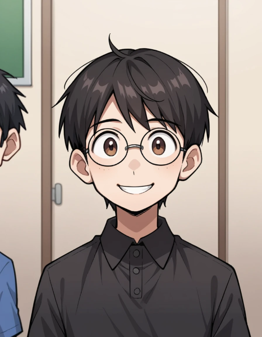 score_9, score_8, One boy,adult, round face,Wearing glasses,short hair,all back,Medium build,Black Hair, Brown eyes, Black polo shirt,Slightly sideways, View your viewers, smile, Upper Body, Little