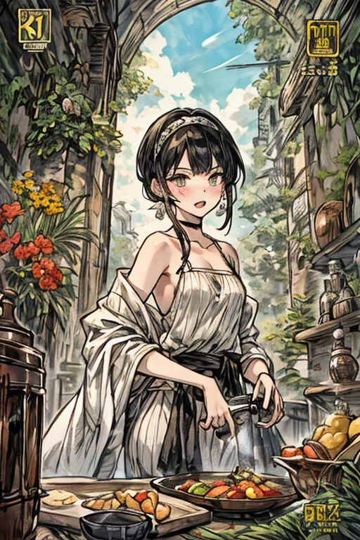 (small breasts:1.2), (perky chest:1.1), (pointed chest:1.0), (hand gun magazine cover:1.3),(from below:1.2),(from side:0.9),masterpiece, 1girl, Amazing Cleavage:1.1, thin waist, big ass, Raised sexy, small breast: 1.2, posed cleavage:1.2、solo, open mouth, have a cute grass of cute beergrass,black hair, dark green eyes, dress, bare shoulders, jewelry, collarbone, sidelocks, hairband, earrings, indoors, off shoulder, sweater, arms behind back, plant, short hair with long locks, gild hairband, sweater dress:1.2, off-shoulder sweater, red sweater, dark gord hair, big side hair, very long side hair,is rendered in (masterpiece: 1.2, best quality), with (ultra high resolution) and an exquisite (depth of field). This masterpiece is not only visually stunning but also tells,A scene of cooking in the kitchen by classroom ,looking at viewer,