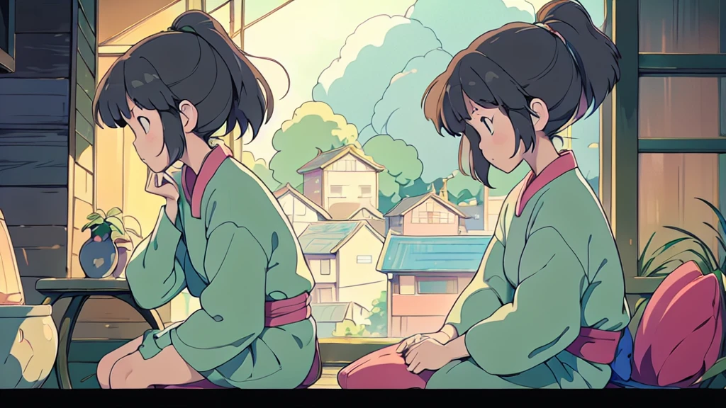 An old anime character sitting sitting in the terasse of an old japanese house, chilling at the view of her garden. summer chill vibes. The colors are soft and pastel, with soft lighting and a nostalgic ambiance, Lo-Fi, , cute girl, side view, wide view, japanese beauty, beutiful girl.