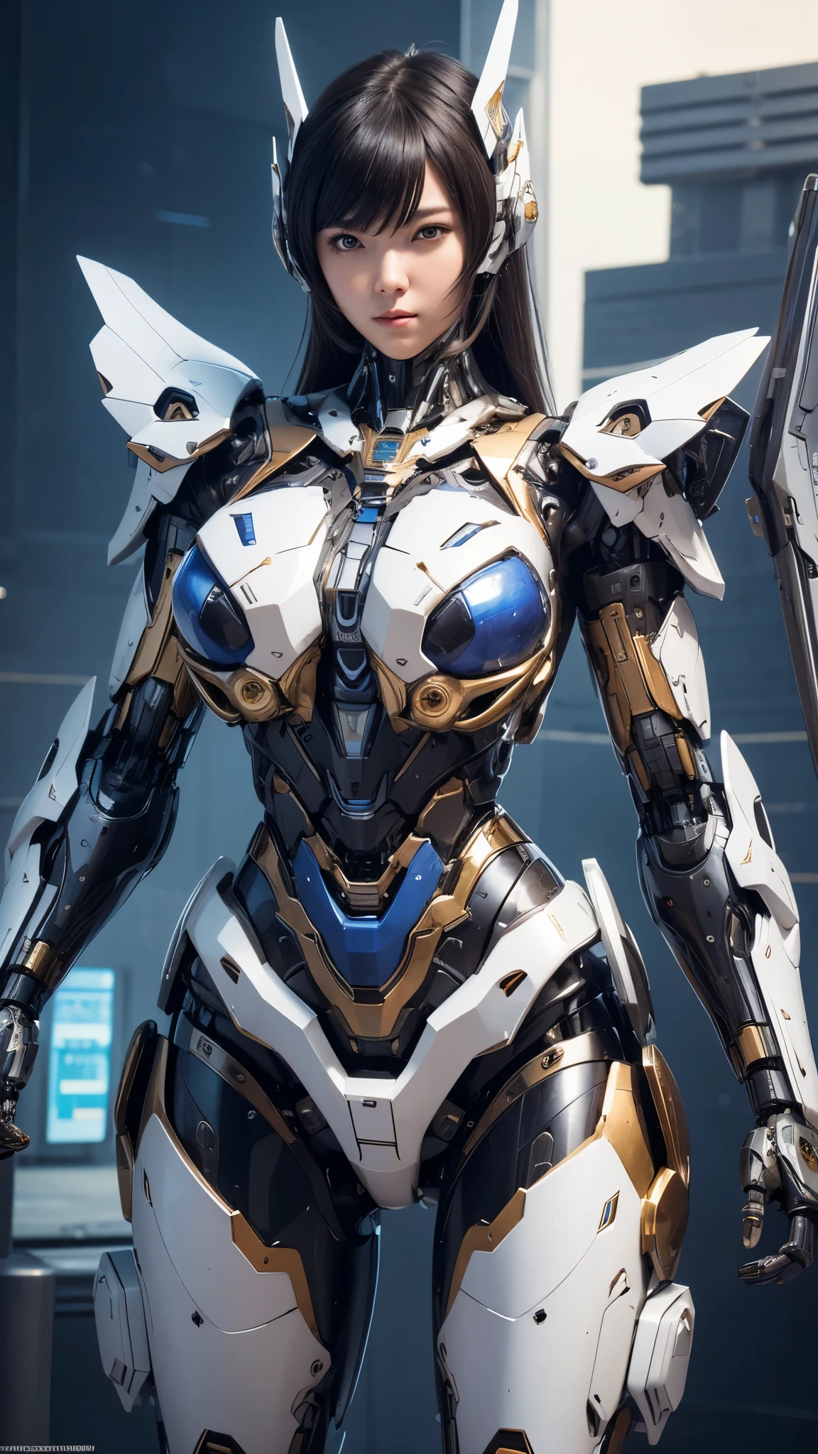 Textured skin, Super Detail, high details, High quality, Best Quality, hight resolution, 1080p, hard disk, Beautiful,(Super Heroine),Oppai Missile,beautiful cyborg woman,Mecha Cyborg Girl,Battle Mode,Girl with a Mecha Body,She wears a battle cyborg mech with a weapon,Fulll body Shot