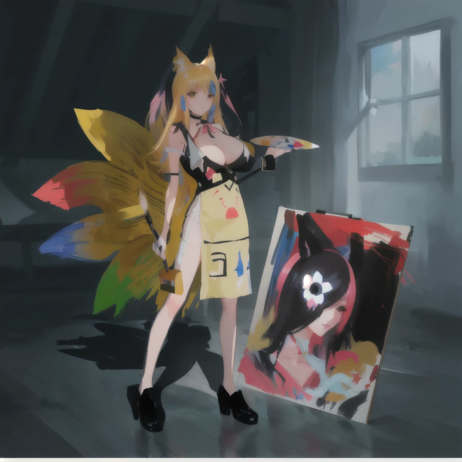 cartoon of a woman in a dress holding a paintbrush and painting, danbooru and artstation, painted in anime painter studio, in her art room, deviant art, seraphine ahri kda, made with anime painter studio, weird expressionist pose, monet and da vinchi art style, intense painting, painting come to life, ahri