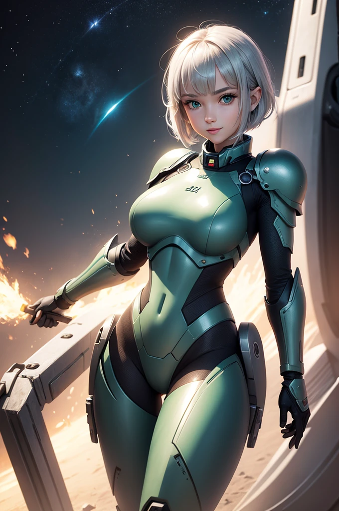Perfect human body modeling, 1girl, beautiful girl, cute girl and idol face, young face, smile, ahoge and short bob cut and shiny silver hair, , hair, beautiful green eyes, medium breasts, shiny white skin, ears in robot style, black powered armor, full armor, powered leg, Space suits, planetary exploration