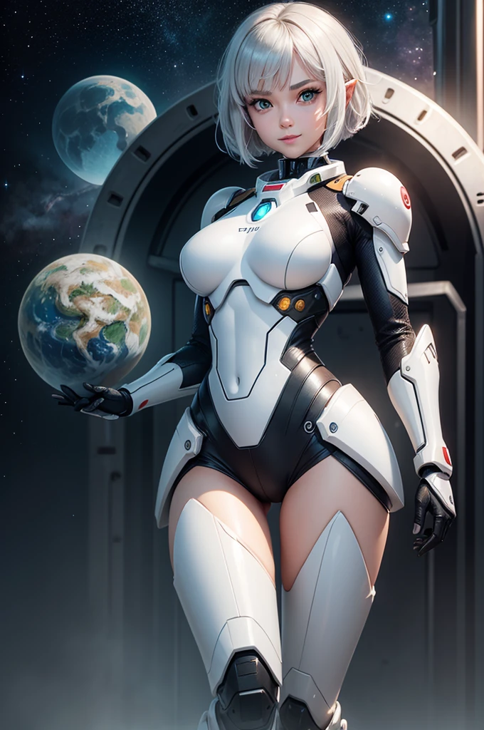 Perfect human body modeling, 1girl, beautiful girl, cute girl and idol face, young face, smile, ahoge and short bob cut and shiny silver hair, , hair, beautiful green eyes, medium breasts, shiny white skin, ears in robot style, black powered armor, full armor, powered leg, Space suits, planetary exploration