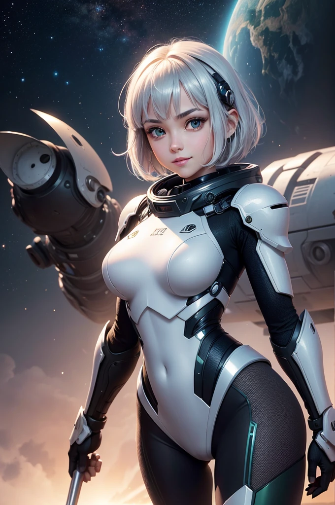 Perfect human body modeling, 1girl, beautiful girl, cute girl and idol face, young face, smile, ahoge and short bob cut and shiny silver hair, , hair, beautiful green eyes, medium breasts, shiny white skin, ears in robot style, black powered armor, full armor, powered leg, Space suits, planetary exploration
