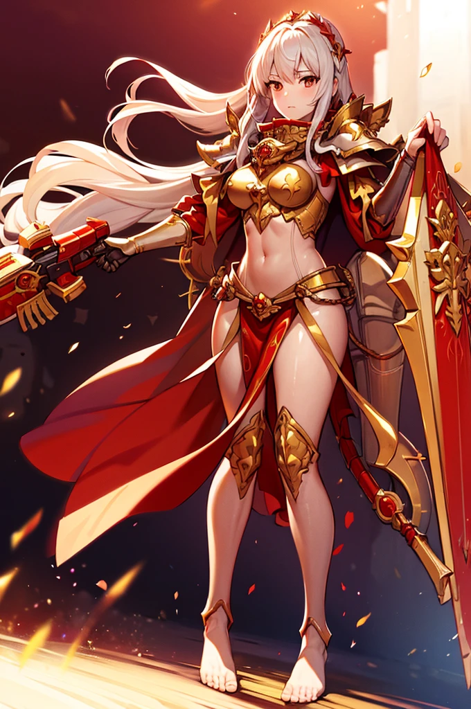 extremly detaled, dynamic pose, bare feet, detaled feet, feet focus perspective,goddess, shine gold and red armor, shield and pike, sexy, long white hair, red cape and scarf