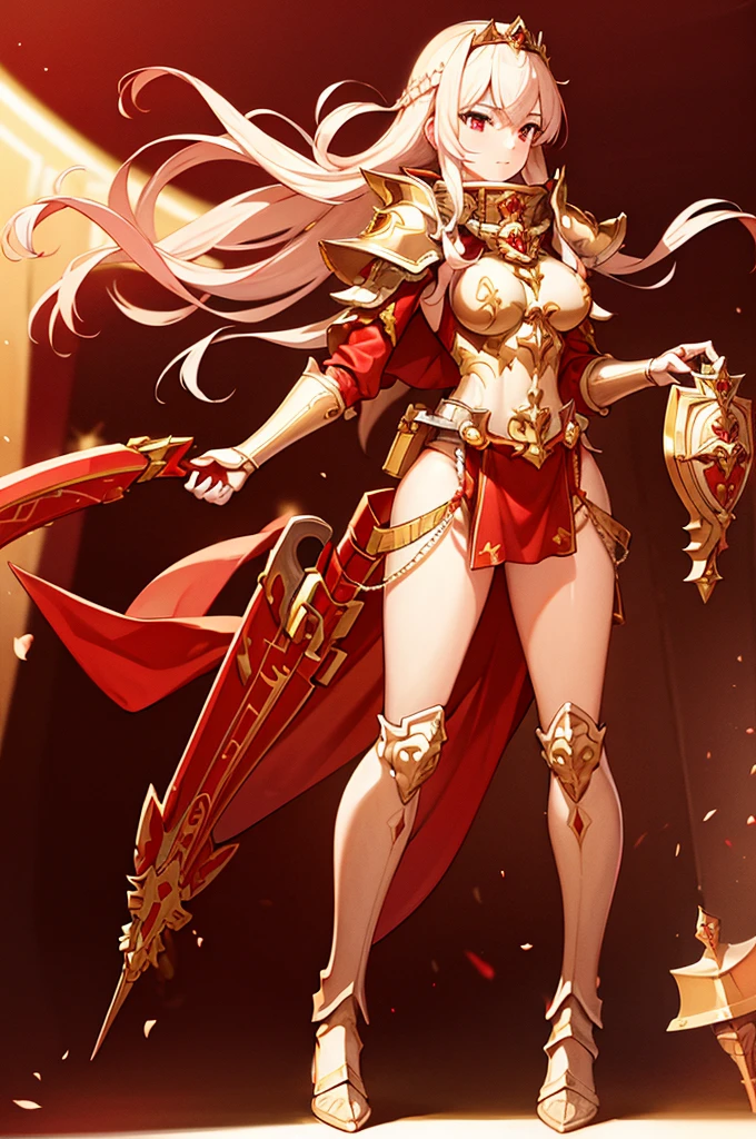 extremly detaled, dynamic pose, bare feet, detaled feet, feet focus perspective,goddess, shine gold and red armor, shield and pike, sexy, long white hair, red cape and scarf