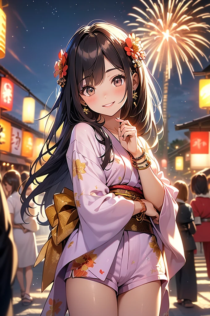 (masterpiece, best quality, ultra-detailed, highres, 4k),(beautiful detailed eyes),(very detailed face),(1girl),HDR,long colorful hair, shorts, brown eyes, bracelet, yukata, jewelry, lips, solo focus, nail polish, summer festival background, smile, realistic, blurry, looking at viewer,beautiful glowing fire works