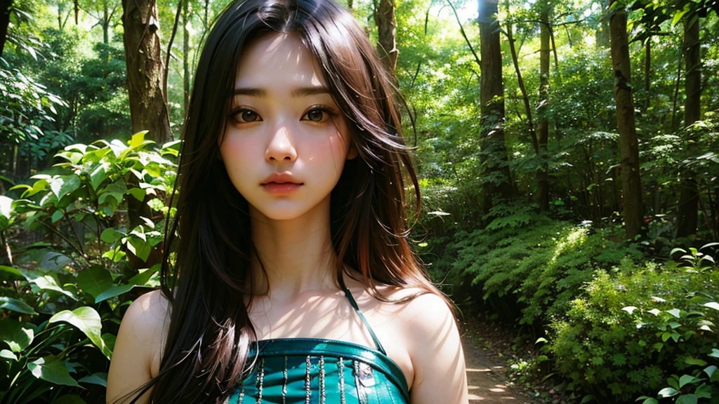 (1girl), Gorgeous and fantastic Drums portrait in fantasy forest, Printing possible, 8K, (smoother lighting:1.05), (increase cinematic lighting quality:0.9), (detailed forest: 1.4), (bloom:1.1), looking down to viewer, deep eyes, glare eyes,