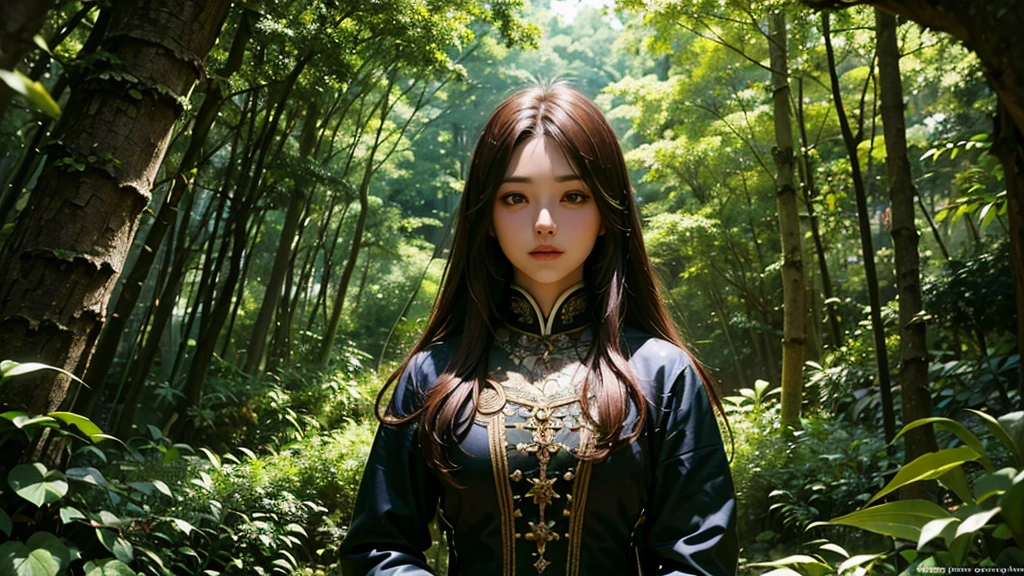 (1girl), Gorgeous and fantastic Drums portrait in fantasy forest, Printing possible, 8K, (smoother lighting:1.05), (increase cinematic lighting quality:0.9), (detailed forest: 1.4), (bloom:1.1), looking down to viewer, deep eyes, glare eyes,