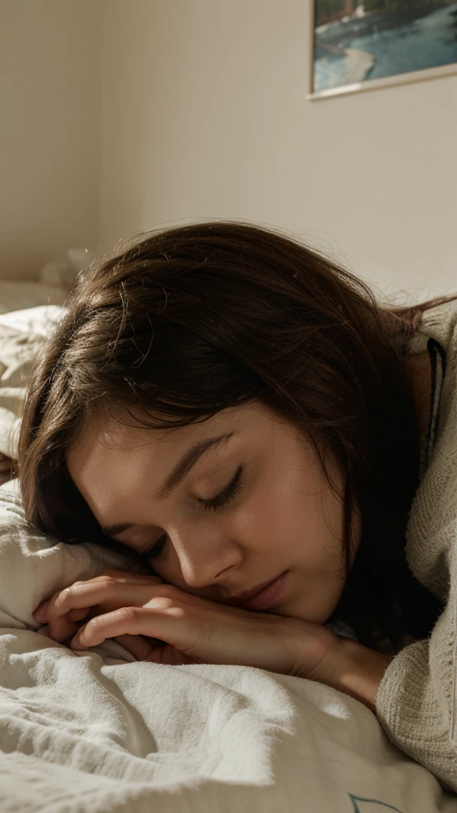 Girl sleeping face down, covered blanket, vintage bed and room, side view, small square table, low lights, 