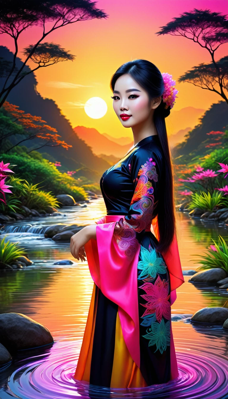 Black light art, Vietnamese woman, wearing traditional white and gold color outfit, next to a flowing stream, nature, (masterpiece, top-quality, Best quality at best, official art, Beautiful and beautiful:1.2), (1个small Breast Girl:1.3), The is very detailed,(s fractal art:1.2),Colorful,The most detailed,( Zentangle neon light:1.2), (dynamicposes), (Abstract background sunset:1.5), (traditionalcostumes:1.2), (Glossy glossy skin), (Lots of colors:1.4), neon,16k,Full-HD