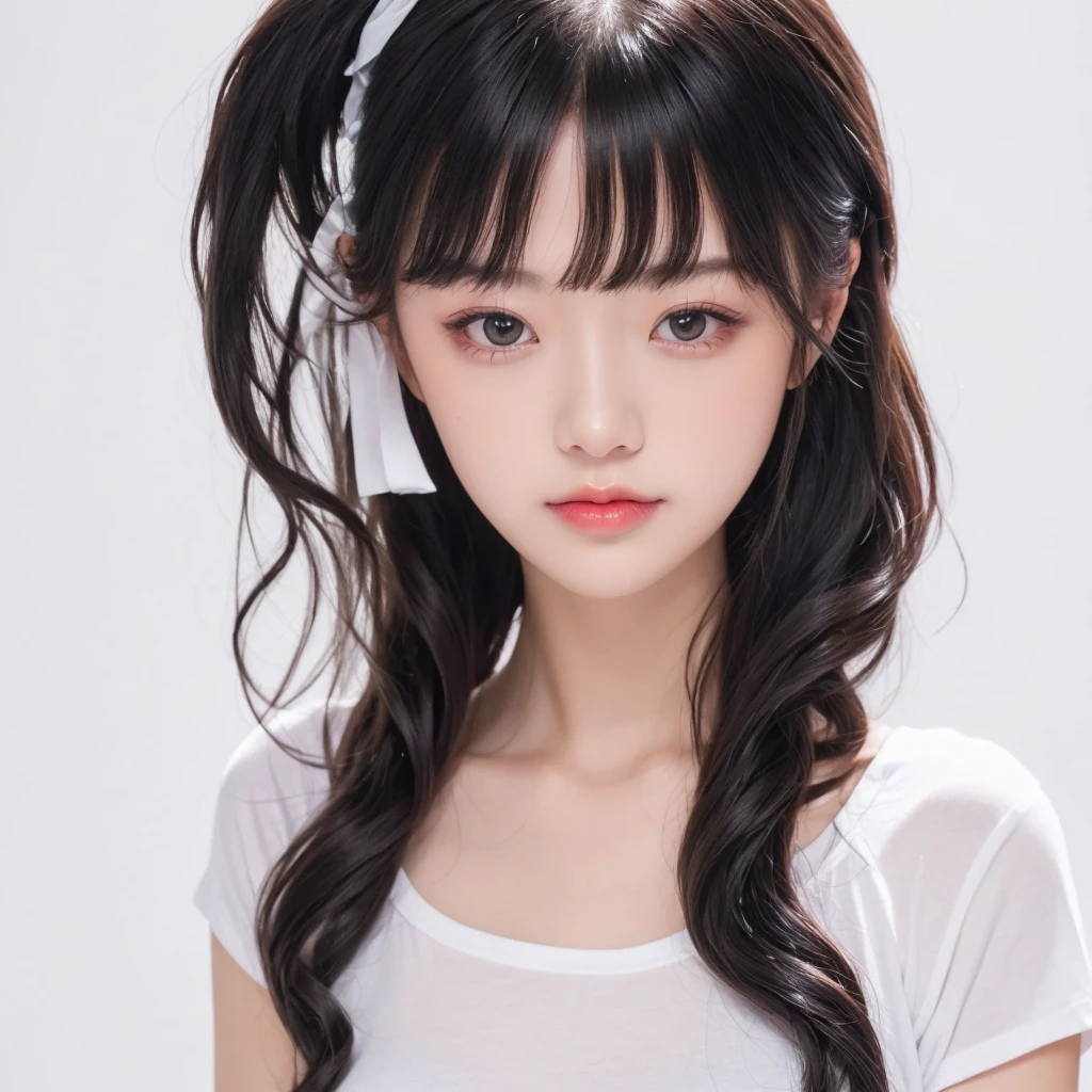 woman, body hairstyle, long style, bob length, soft curl, integrated into face line bangs, black hair, Nikon Z7 II Mirrorless Camera, 120mm F/4 wide-angle lens, best quality, masterpiece, ultra detailed, flowing, 3dmm, ink sketch, color ink, ink rendering, octane render, pastels, clear face, full hairstyle, white background, only show face and neck, white t-shirt, Like a ID photo, face centered, looking directly forward, only one person, no hand