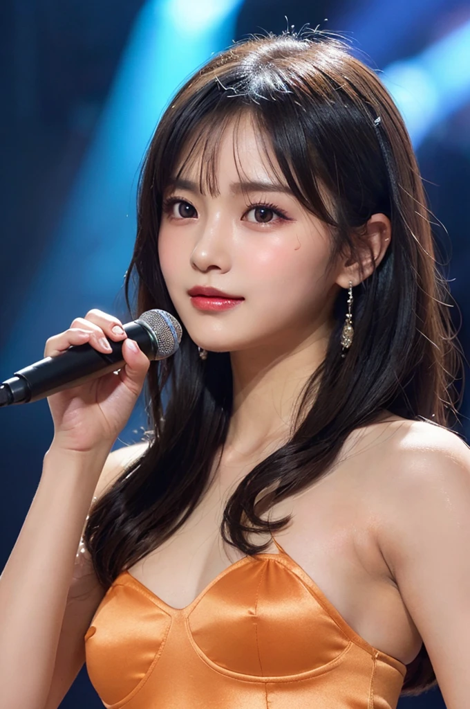 (masterpiece:1.3), High resolution, Super detailed, Highly detailed CG Unity 8k wallpaper, Realistic, photo-Realistic, RAW Photos, Beautifully detailed face, Pale skin, Realistic glistening skin, Detailed cloth texture, Detailed hair texture, Perfect body, Beautiful Face, Accurate, Anatomically correct, Highly detailed face and skin texture, Natural neck length, (Beautiful Hands), (Fair skin:1.1), (Good teeth alignment:1.1), (Sweaty skin:1.2),
break,
Fine grain, Symmetrical eyes, Light brown eyes, double eyelid, Thin eyebrows, (Glossy Lips:1.4), ((A face waiting for a kiss:1.2)), (blush:1.1), (Sparkly little hair accessories:1.1), (Beautiful smile:1.1), (Holding a microphone:1.3),
break,
(An elegant and cute 15-year-old junior idol:1.3), (nude, nsfw, Very erotic nipples:1.4), baby face,
break,
flat chest, Slim figure, Toned Abs,
((Half Up, Black Hair, bangs:1.2)), (Cowboy Shot:1.2), (View your viewers), Cowboy Shot, From above,
break,
(Singing on stage:1.3),