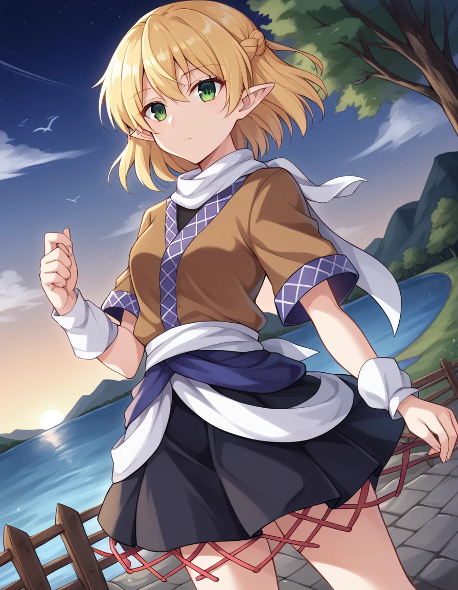 score_9, score_8_superior, score_7_superior, sauce_anime, evaluation_Safety, BREAK Mizuhashi Percy, One girl, Blonde, short hair, Braiding, half superiordo, Pointed Ears, Green Eyes, Medium chest, Brown jacket, Short sleeve, Black Shirt, White scarf, White Arm Warmers, White sash, Colorful clothes, Layered skirt, Black Skirt, Expressionless, View your viewers, Wooden bridge, Dutch Angle, Wind, Wooden fence, Summer festival, Are standing, dark, night, river