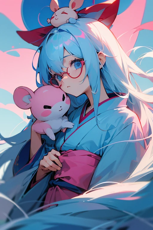 Light blue hair、Long Hair、Left and right on the head１One by one red ribbon、Pink hamster on head、Blue Glasses、Light blue kimono、Dark Eyes