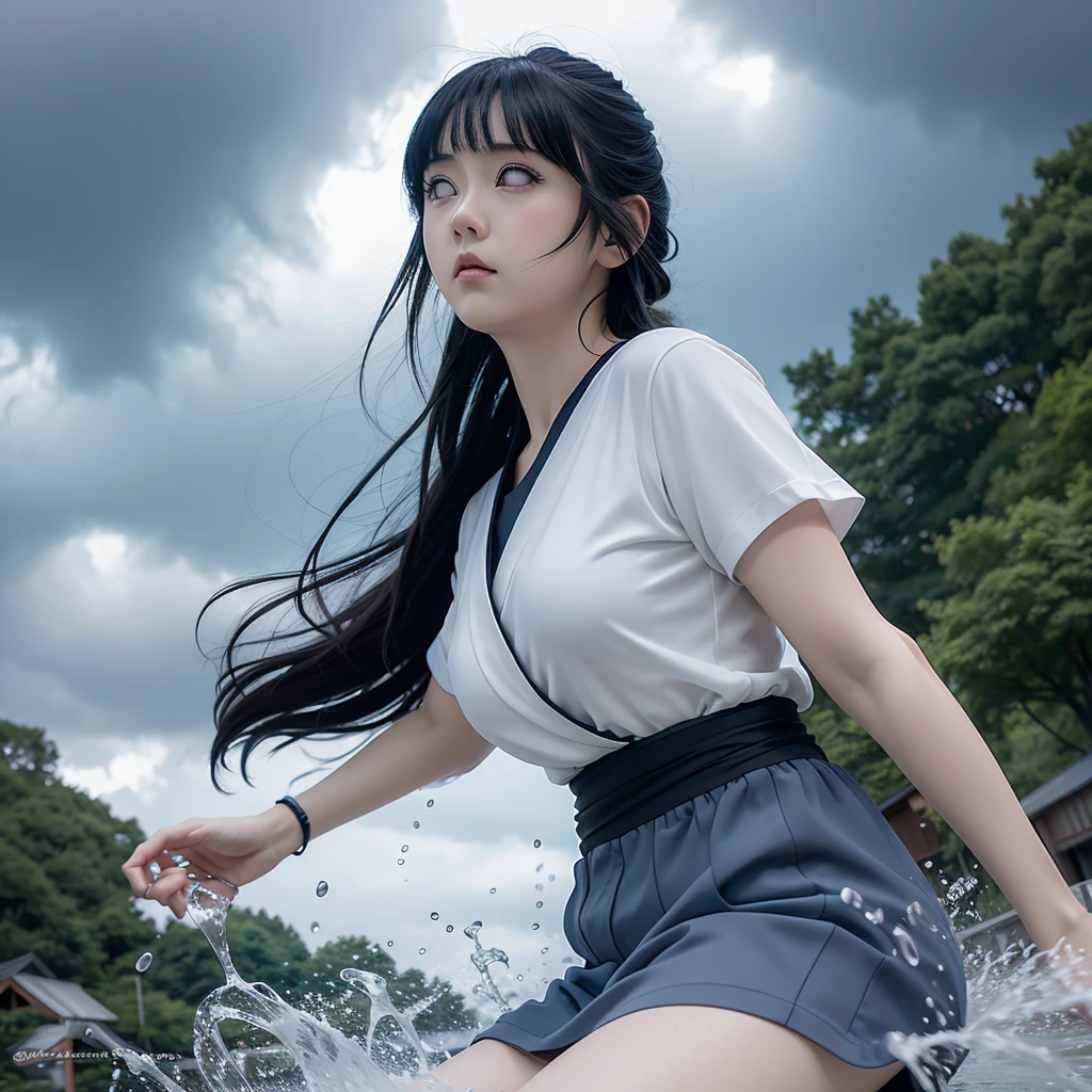 Beautiful Ghibli style of Hinata Hyuga at Konoha in real life Action cosplay. Low angle Splashing photography effect, gloomy low key lighting, random digital Wallpaper background . Use the Sigma fisheye lens, f/3.5. Analog Movie, dramatic weather