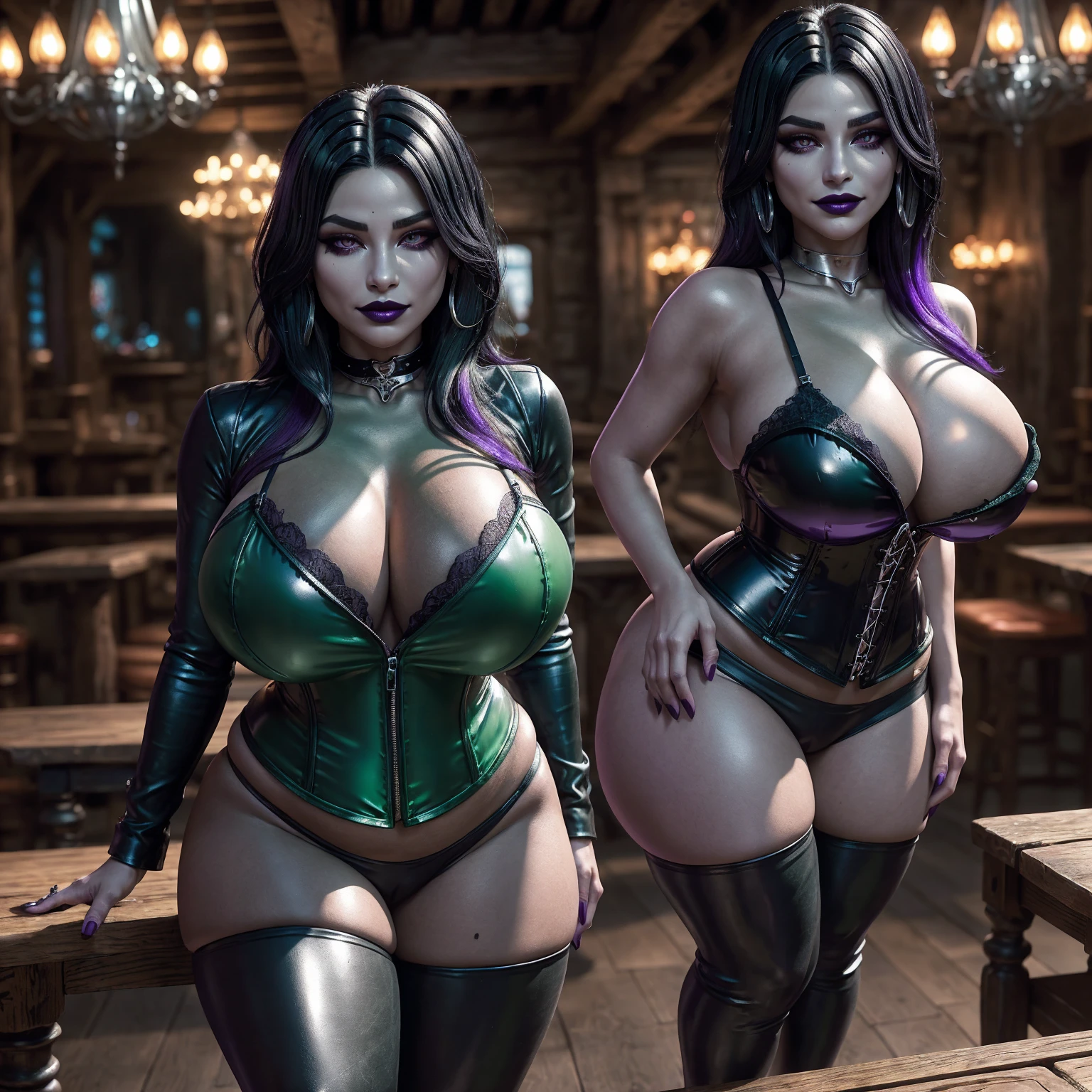 by kevinsano, by boosterpang, by jollyjack, solo, 1girl, goblin, female, older woman, (purple eyes), slender face, plump, curvy, voluptuous, (black hair:1.1), (silver streaks in hair:1.2), (green skin:1.2), (large breasts), (heavy breasts:1.2), milf, black corset, leather pants, cleavage, Masterpiece, best quality, absurd res, highly detailed, tavern environment, seductive smile, big lips, black lipstick, eyeshadow, standing upright, casual pose, hands on table, short, shortstackbt