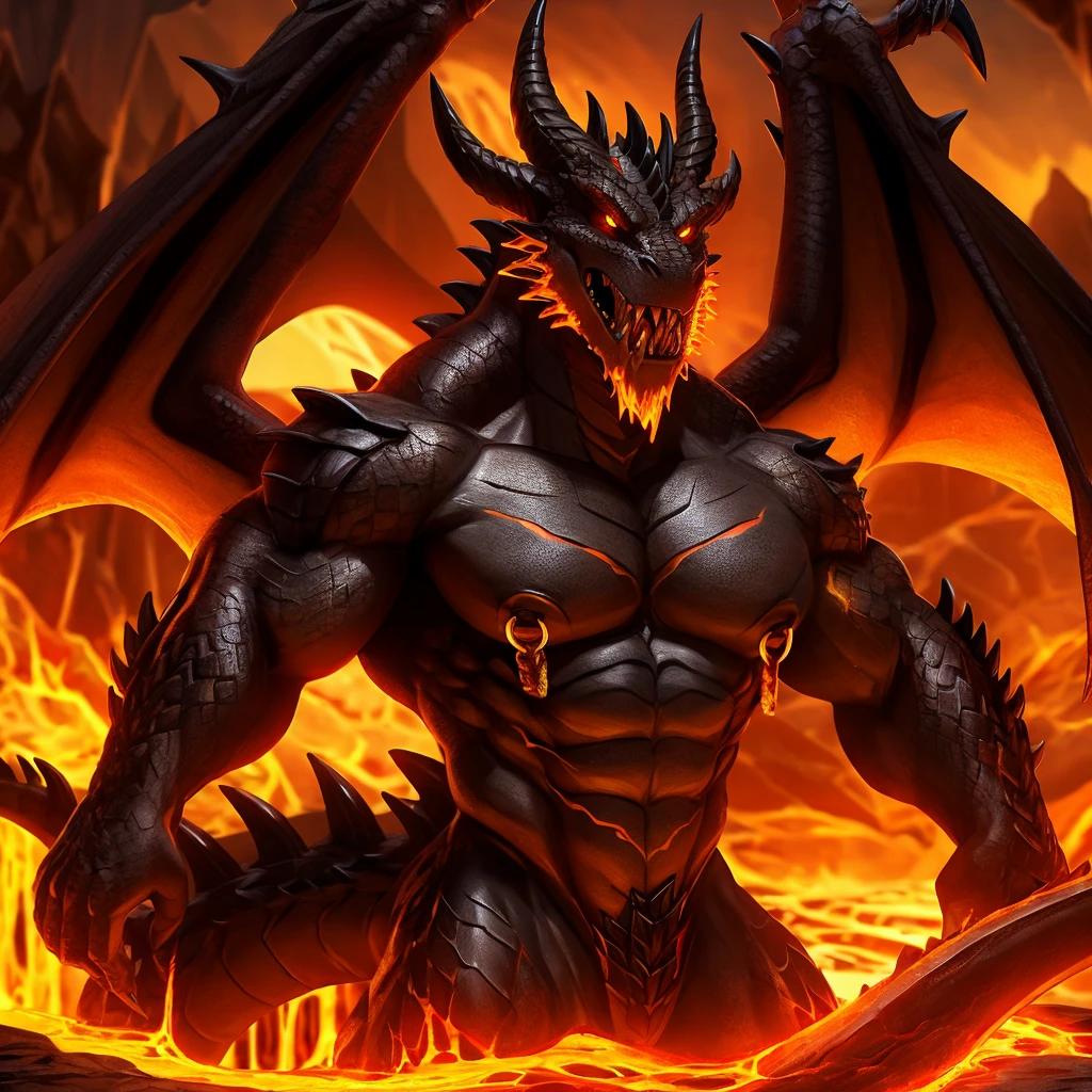 Dragons of Hell，There are lava cracks on the body，Hands are composed of golden lava. Hands are composed of netherrack.，Devil Wings，Golden pupils，Black pupil,4K，muscular，Scales，Nipple Rings