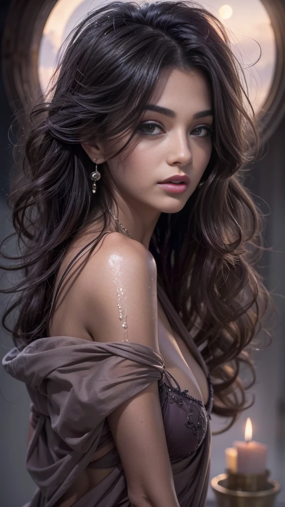 (32k:1.5, Highest quality, masterpiece, Ultra-high resolution), Professional camera work:1.6, Very detailedな肌と顔の質感:1.3, Captivating portrait:1.2, Very accurate, Very detailed, 1 adult female, ((Amazing night view from the rooftop:1.4, The moonlight at night illuminates my body)), (Satin Nightgown:0.7), Incredibly slim body, Fair skin, elegant, Expressions of sadness, (Big eyes that exude beautiful eroticism:0.4, A dreamy look:1.0, I love you with all my heart:0.8, Open your mouth a little, lipstick, Feel the beautiful eroticism:0.9), (Wet dark brown medium length hair), Sensual sitting position, sense of loss, Sadness, Candles, The chest is medium, Earrings, necklace, bracelet, (romantic, mysterious), Object of admiration, dramatic, Artistic, Innovative, attractive, Heartful, Fancy, sense of openness, sense of cleanliness, Special, exciting, Extreme, Tilt, ((Adult charm, Feminine charm, Hair blowing in the wind)