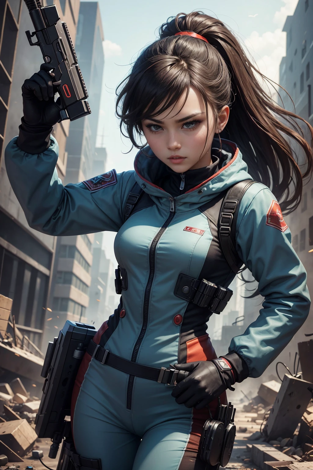A (((Gaming Universe))) avatar for a (professional photography) display featuring a stunningly detailed (((video game theme))), with a (((beautiful gamer girl))) dressed in an advanced (((ammunition suit))), accessorized with a sleek (((pistol))) and confidently pointing it towards the viewer, against a (backdrop of a destroyed city) with a (detailed, perfect body) and (red eyes) that convey a sense of realism and advanced gameplay close-up of a face