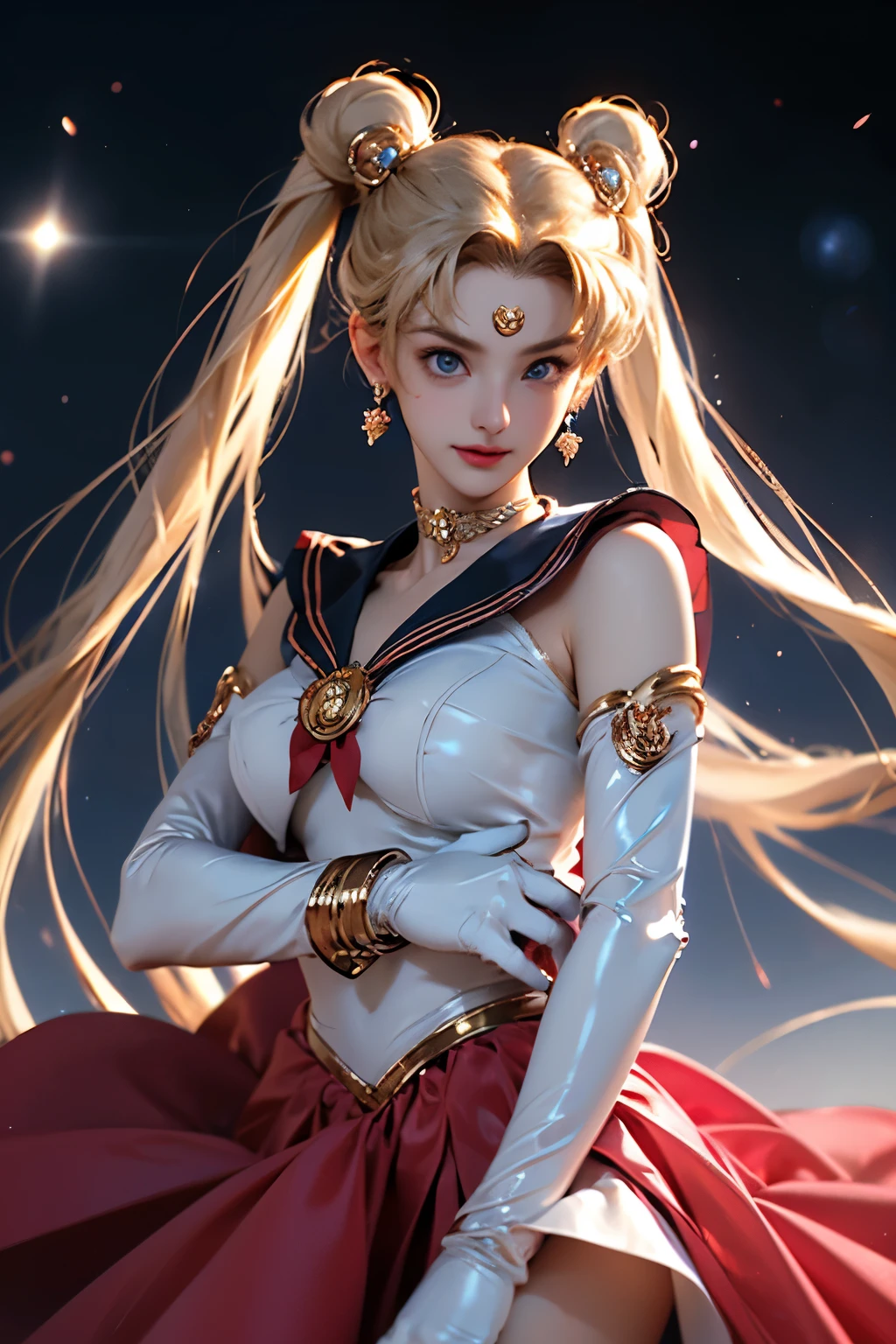 Masterpiece, Full: 1.3, Stand, 8K, 3D, Realistic, Ultra Micro Shooting, Top Quality, Extreme Detail CG Unity 8K Wallpaper, from below, intricate details, (1 female), 18 years old, (Sailor Moon supersailormoon mer1, Tiara, Sailor Senshi Uniform Sailor: 1.2, Sailor Moon: 1.2), Impossibly long bright twin-tailed blonde, thin and very long straight twin-tailed blonde, hair bun, red round hair ornament in a hair bun, Sailor Senshi uniform, (blue collar, blue sailor collar, blue pre-gate mini skirt: 1.3, very large red bow on the chest: 1.3, long white latex gloves: 1.3, red gloves on the elbows, Very large red bow behind the waist: 1.1, cleavage is looking large, golden tiara, earrings), (face details: 1.5, bright blue eyes, beautiful face, beautiful eyes, shiny eyes, thin lips: 1.5, thin and sharp pale eyebrows, long dark eyelashes, double eyelashes), luxurious golden jewelry, thin, thin and muscular, small face, big breasts, perfect proportions, Thin waist, sexy model pose, visible pores, seductive smile, perfect hands: 1.5, high-leg swimsuit, very thin and fit high-gloss white holographic leather, octane rendering, very dramatic image, strong natural light, sunlight, exquisite lighting and shadow, dynamic angle, DSLR, sharp focus: 1.0, Maximum clarity and sharpness, (space background,moon, dynamic background, detailed background),(aausagi, double bun, twintails, parted bangs, circlet, jewelry, earrings, choker, red bow, white gloves, elbow gloves, blue skirt
