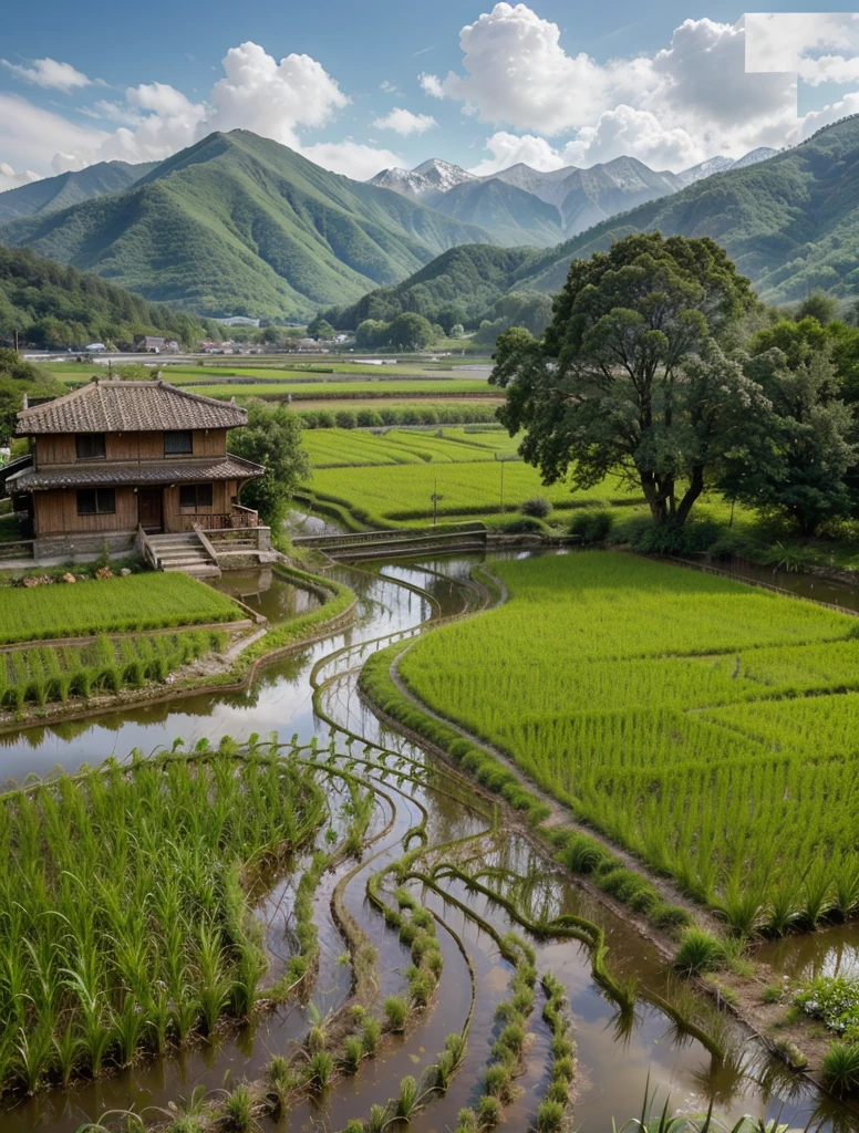 beautiful views, with mountains and rice fields, with colourfull style