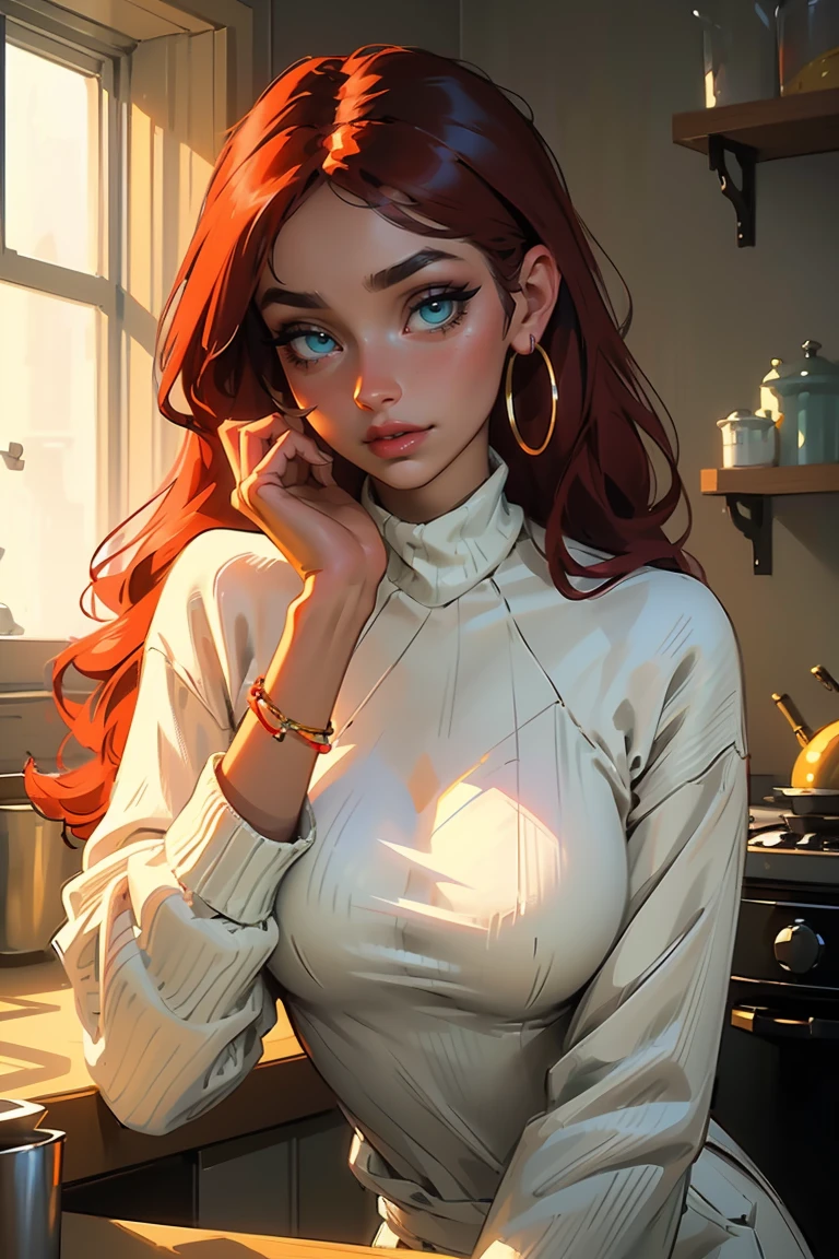 Goddess ((goddess-like woman)), slim, elegant silhouette, masterpiece, (close angle), best quality, cute face, (masterpiece:1,2, best quality), (real picture, intricate details), ( 1 lady, solo, medium ????, narrow waist, (long hair), a woman with long hair, red hair, long straight red hair, Bangs, green eyes, she has an impressive presence., bracelet, hoop earrings, jewelry, beautiful face, beautiful eyes, she looks the Looking at viewer, She is wearing a large white blouse under a colorful wool sweater and short sweatpants., pig sweater, Nerdy girl, sweet shy smile, elegant pose, elegant hands, beautiful hands, perfect fingers,, Background: Room, Kitchen,