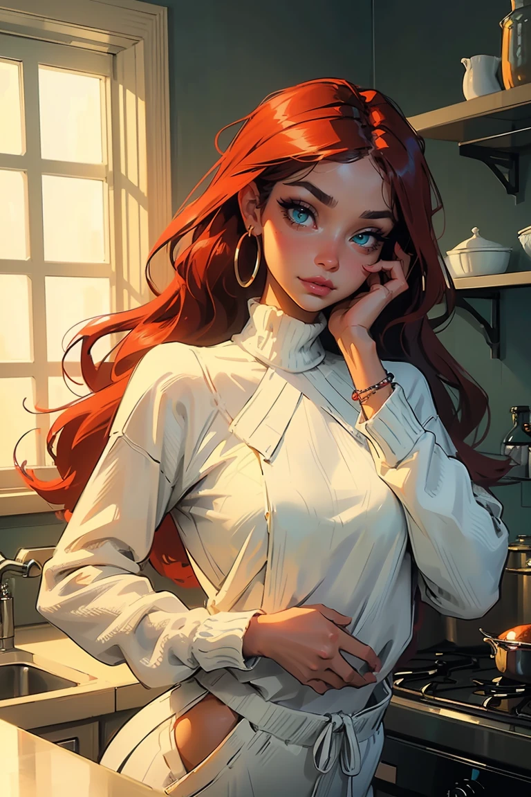 Goddess ((goddess-like woman)), slim, elegant silhouette, masterpiece, (close angle), best quality, cute face, (masterpiece:1,2, best quality), (real picture, intricate details), ( 1 lady, solo, medium tits, narrow waist, (long hair), a woman with long hair, red hair, long straight red hair, Bangs, green eyes, she has an impressive presence., bracelet, hoop earrings, jewelry, beautiful face, beautiful eyes, she looks the Looking at viewer, She is wearing a large white blouse under a colorful wool sweater and short sweatpants., pig sweater, Nerdy girl, sweet shy smile, elegant pose, elegant hands, beautiful hands, perfect fingers,, Background: Room, Kitchen,