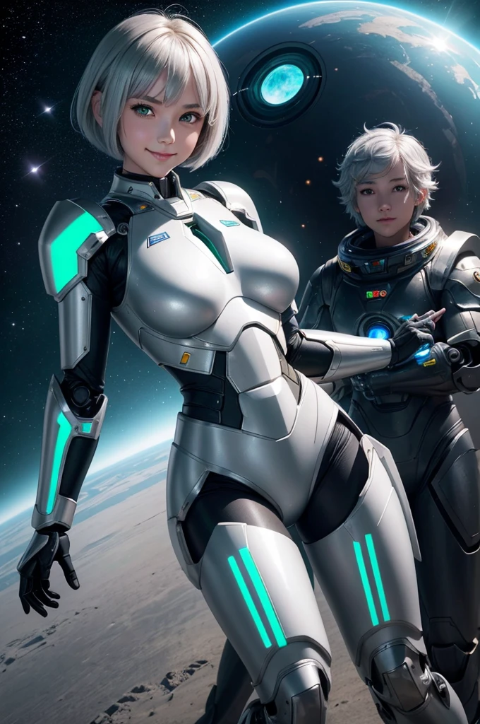 Perfect human body modeling, 1girl, beautiful girl, cute girl and idol face, young face, smile, ahoge and short bob cut and shiny silver hair, , hair, beautiful green eyes, medium breasts, shiny white skin, ears in robot style, black powered armor, full armor, powered leg, Space suits, planetary exploration