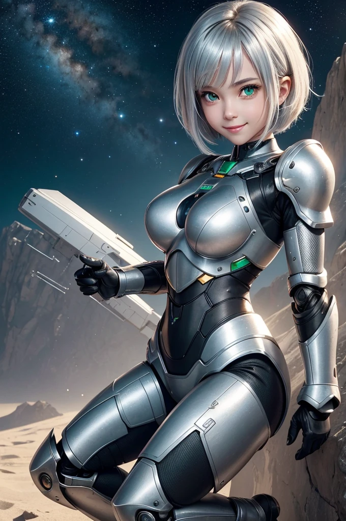 Perfect human body modeling, 1girl, beautiful girl, cute girl and idol face, young face, smile, ahoge and short bob cut and shiny silver hair, , hair, beautiful green eyes, medium breasts, shiny white skin, ears in robot style, black powered armor, full armor, powered leg, Space suits, planetary exploration