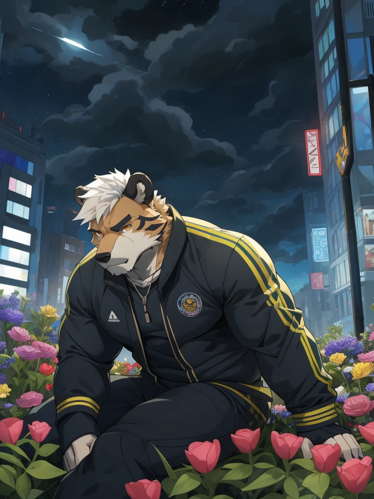 masterpiece,night,anthropomorphic bear,one person,(((s hair))),male,26 years old,thick eyebrows,Strong body,Large pecs,(((nude,White tracksuit,coat,Blue sports cap))),full-body shot,on city streets,(((holding a machine gun))),(((Ready to fight)))dark night,Light,sweating,(((white hair))),Serious,emotional focus,looking at the enemy,Serious,vigilante,defend,golden pupils,big eyes,Strong,Lying on the bed On the sea of flowers,full body image,The sky is clouded over,cloudy day,green plants,it'It's raining on the road,swamp area,broken twigs,forest,war(((background:broken city 1.5))),(((Detailed character description))), (((green bear))), (((green fur))), green hair, red eyes, beard, white eyebrows,