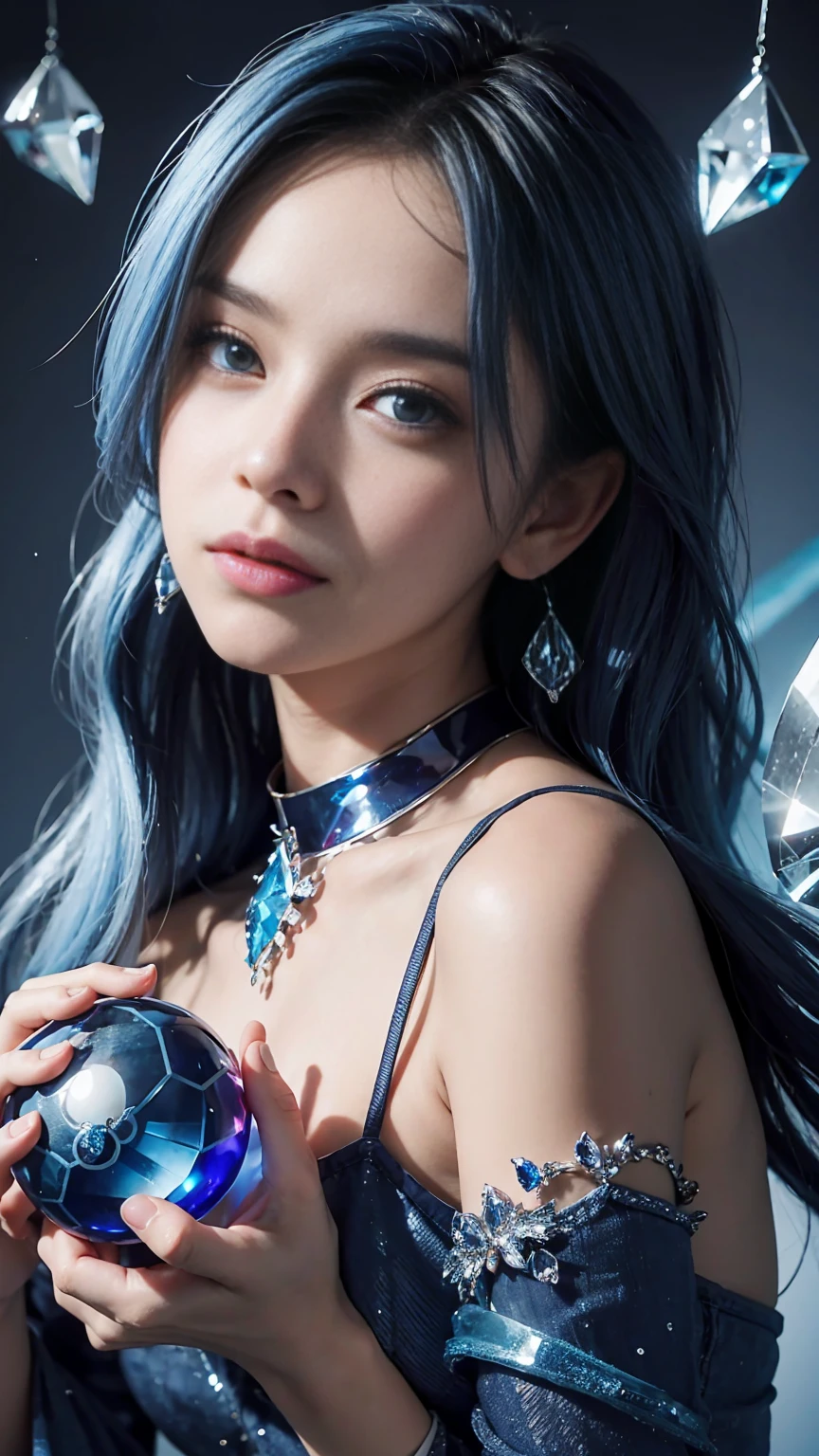 (and soul)、(secondary mysterious、Pisces、1 girl、blue hair、hair length、((French Twist))、blue eyes、gradient eyes、sparkling eyes、bright eyes、finely tuned、expressive eyes、blue clothes、gem、blue lighting、blue theme、(shape:1.5)、abstract、highest quality、Super detailed、(((Holding a mysterious crystal ball)))、