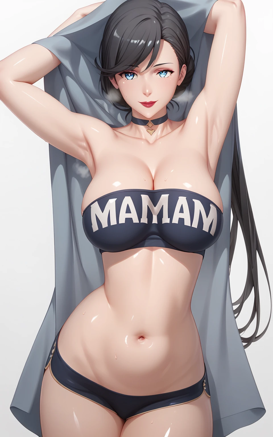 score_9, score_8_up, score_7_up, score_6_up, uncensored, mrs yukinoshita, black hair, hair bun, red lips, blue eyes, naughty face, makeup, shiny skin, sweating, steaming body, happy, heavy breathing, detailed body, detailed eyes, BREAK (masterpiece:1.2), best quality, high resolution, unity 8k wallpaper, (illustration:0.8), (beautiful detailed eyes:1.3), extremely detailed face, perfect lighting, extremely detailed CG, (perfect hands, perfect anatomy), hearts, pleasured, Expressiveh, armpits, breasts, 1girl, swimsuit, navel, rating:safe, bikini, looking_at_viewer, large_breasts, bare_shoulders, breasts press, thighs, arms_behind_head, cleavage, strapless, stings bikini, seductive smile collarbone, striped, choker, arms_up, clothes_writing, mama
