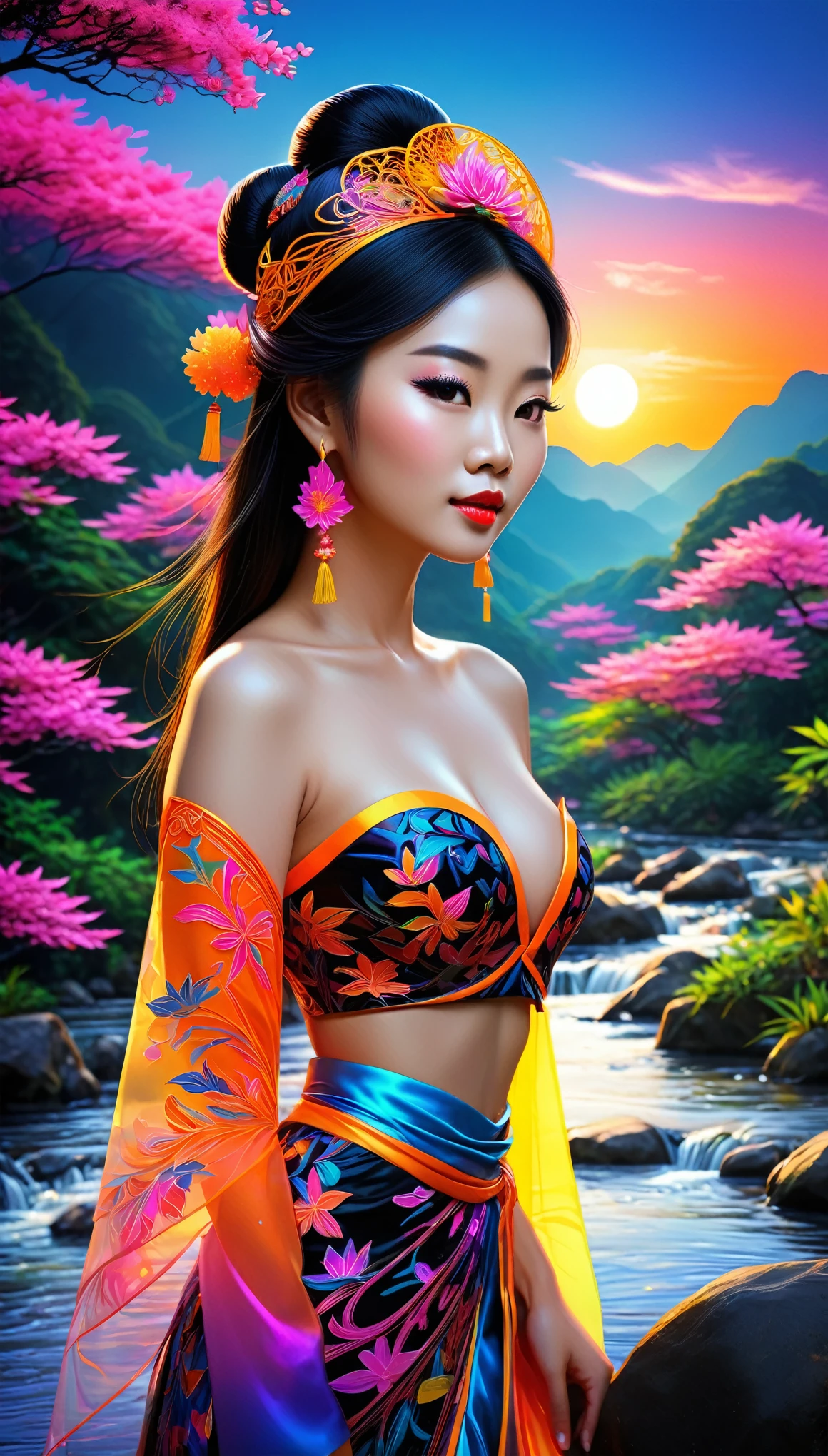 Black light art, Vietnamese woman, wearing traditional outfit, next to a flowing stream, nature, (masterpiece, top-quality, Best quality at best, official art, Beautiful and beautiful:1.2), (1个small Breast Girl:1.3), The is very detailed,(s fractal art:1.2),Colorful,The most detailed,( Zentangle neon light:1.2), (dynamicposes), (Abstract background sunset:1.5), (traditionalcostumes:1.2), (Glossy glossy skin), (Lots of colors:1.4), neon,16k,Full-HD