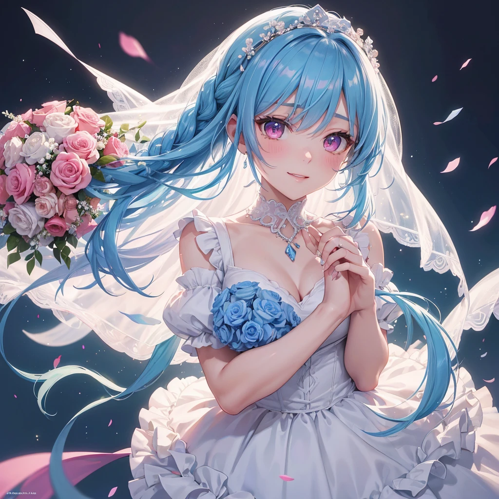 Sky blue hair, (Braided Ponytail),(Pink Eyes),Fair skin ,(whole body),(One girl),bride,A big smile,Straight bangs, 6月のbride,Wedding dress,(masterpiece, Highest quality, Very detailed, Best Shadow), (Detailed Background), (Beautifully detailed face), High Contrast, (Best lighting, Very delicate and beautiful), ((Cinematic Light)), colorful, Hyper Detail, Dramatic Light, Intricate details,Chapel background,Bouquet of roses,Ring on left ring finger,