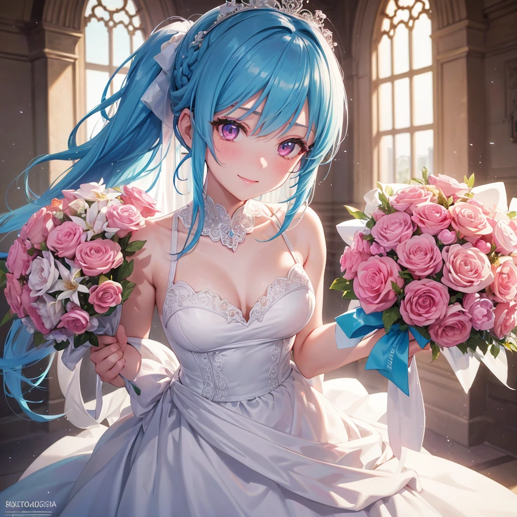 Sky blue hair, (Braided Ponytail),(Pink Eyes),Fair skin ,(whole body),(One girl),bride,A big smile,Straight bangs, 6月のbride,Wedding dress,(masterpiece, Highest quality, Very detailed, Best Shadow), (Detailed Background), (Beautifully detailed face), High Contrast, (Best lighting, Very delicate and beautiful), ((Cinematic Light)), colorful, Hyper Detail, Dramatic Light, Intricate details,Chapel background,Bouquet of roses,Ring on left ring finger,