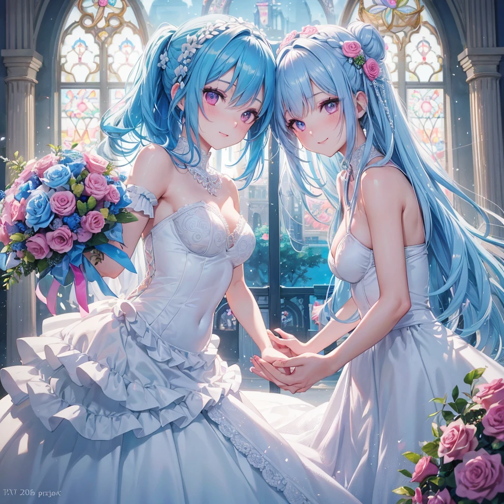 Sky blue hair, (Braided Ponytail),(Pink Eyes),Fair skin ,(whole body),(One girl),bride,A big smile,Straight bangs, 6月のbride,Wedding dress,(masterpiece, Highest quality, Very detailed, Best Shadow), (Detailed Background), (Beautifully detailed face), High Contrast, (Best lighting, Very delicate and beautiful), ((Cinematic Light)), colorful, Hyper Detail, Dramatic Light, Intricate details,Chapel background,Bouquet of roses,Ring on left ring finger,