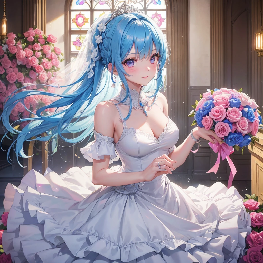 Sky blue hair, (Braided Ponytail),(Pink Eyes),Fair skin ,(whole body),(One girl),bride,A big smile,Straight bangs, 6月のbride,Wedding dress,(masterpiece, Highest quality, Very detailed, Best Shadow), (Detailed Background), (Beautifully detailed face), High Contrast, (Best lighting, Very delicate and beautiful), ((Cinematic Light)), colorful, Hyper Detail, Dramatic Light, Intricate details,Chapel background,Bouquet of roses,Ring on left ring finger,