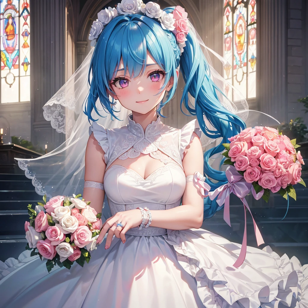 Sky blue hair, (Braided Ponytail),(Pink Eyes),Fair skin ,(whole body),(One girl),bride,A big smile,Straight bangs, 6月のbride,Wedding dress,(masterpiece, Highest quality, Very detailed, Best Shadow), (Detailed Background), (Beautifully detailed face), High Contrast, (Best lighting, Very delicate and beautiful), ((Cinematic Light)), colorful, Hyper Detail, Dramatic Light, Intricate details,Chapel background,Bouquet of roses,Ring on left ring finger,