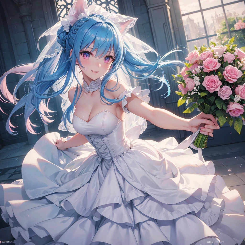 Sky blue hair, (Braided Ponytail),(Pink Eyes),Fair skin ,(whole body),(One girl),bride,A big smile,Straight bangs, 6月のbride,Wedding dress,(masterpiece, Highest quality, Very detailed, Best Shadow), (Detailed Background), (Beautifully detailed face), High Contrast, (Best lighting, Very delicate and beautiful), ((Cinematic Light)), colorful, Hyper Detail, Dramatic Light, Intricate details,Chapel background,Bouquet of roses,Ring on left ring finger,