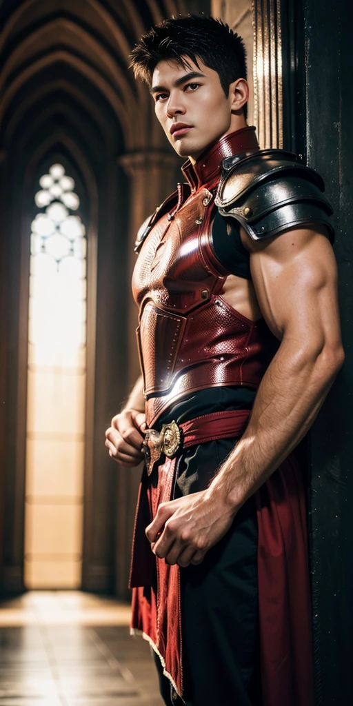 teenager, handsome man with a muscular body, Delgado, Brown hair, brown eyes, wearing silver and red armor, With a sword in one hand and a shield in the other. naked torso, pants and leg armor.