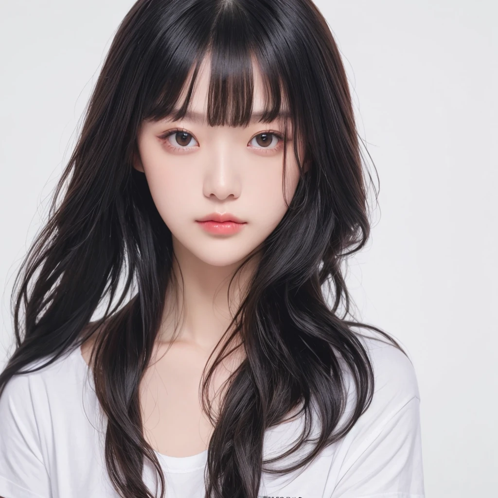 woman, body hairstyle, long style, bob length, soft curl, integrated into face line bangs, black hair, Nikon Z7 II Mirrorless Camera, 120mm F/4 wide-angle lens, best quality, masterpiece, ultra detailed, flowing, 3dmm, ink sketch, color ink, ink rendering, octane render, pastels, clear face, full hairstyle, white background, only show face and neck, white t-shirt, Like a ID photo, face centered, looking directly forward, only one person