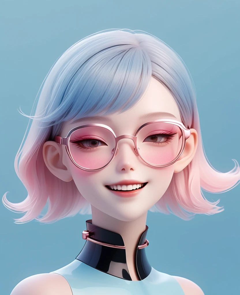 3D illustration of upper body and face of artificial intelligence model wearing futuristic glasses, Stylish glasses with tassels,Smile,teeth,Gradient background, Pastel color palette, pink blue, Simplicity, cold metallic textures, Surrealism,