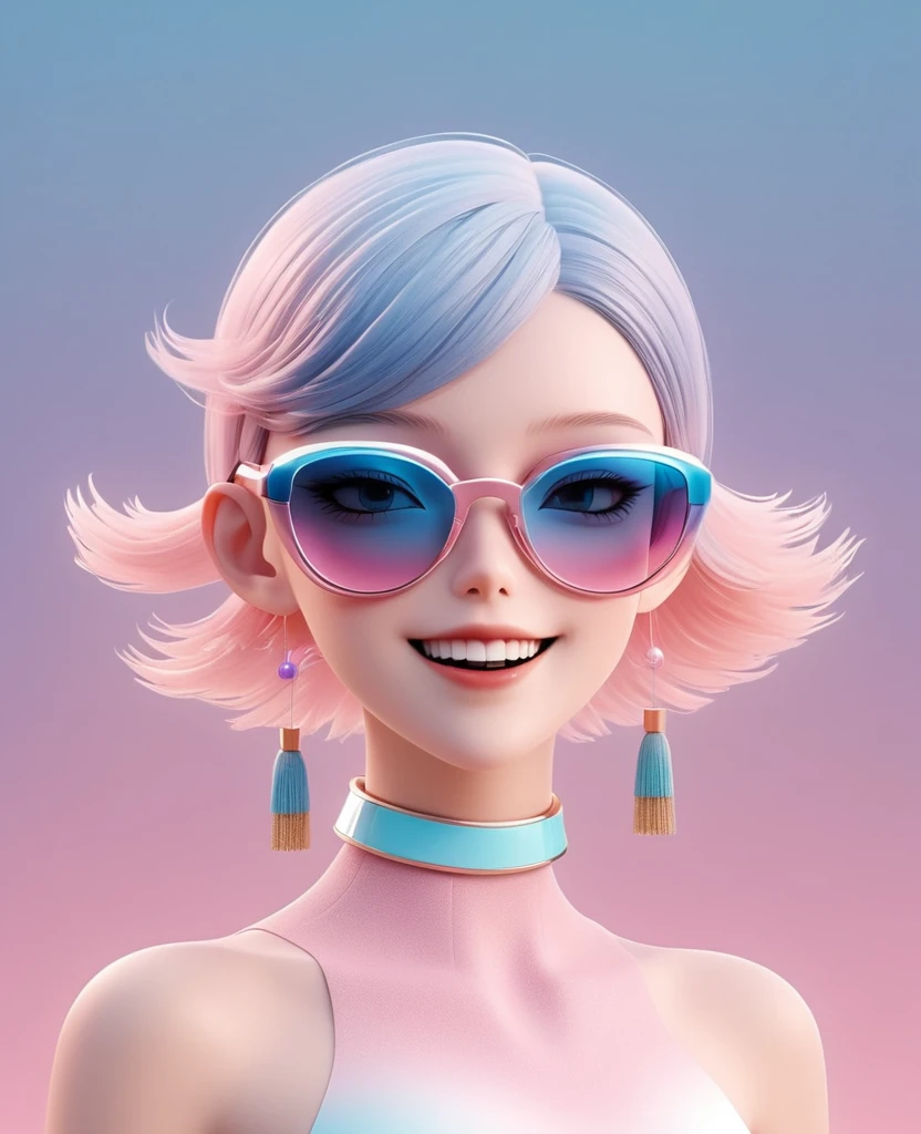 3D illustration of upper body and face of artificial intelligence model wearing futuristic glasses, Stylish glasses with tassels，Smile，teeth，Gradient background, Pastel color palette, pink blue, Simplicity, cold metallic textures, Surrealism,