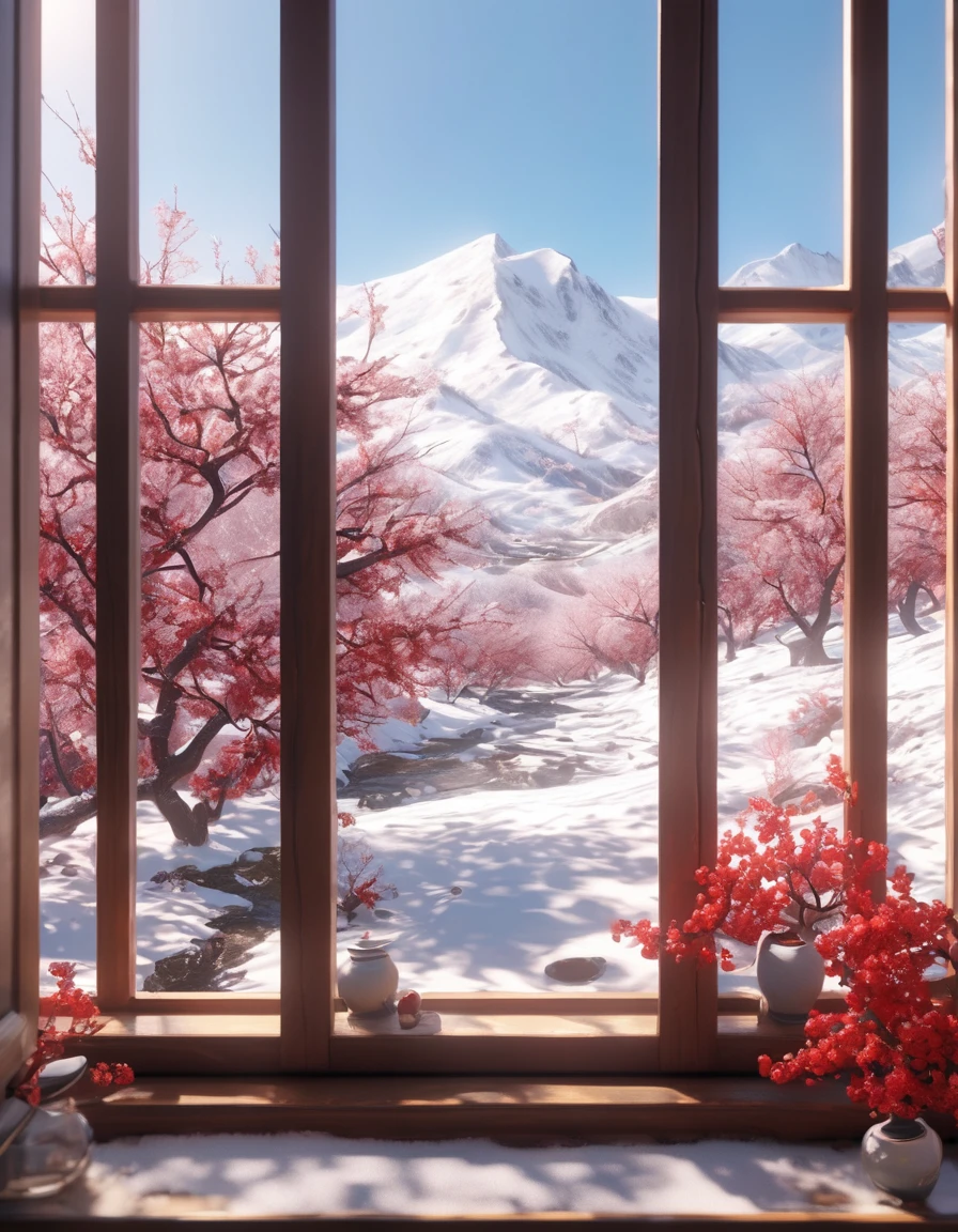 The scenery outside the window，snow mountain，Red plum，creek，8k，masterpiece，Super fine，Rich details，Realistic ray tracing，OC rendererst-person perspective