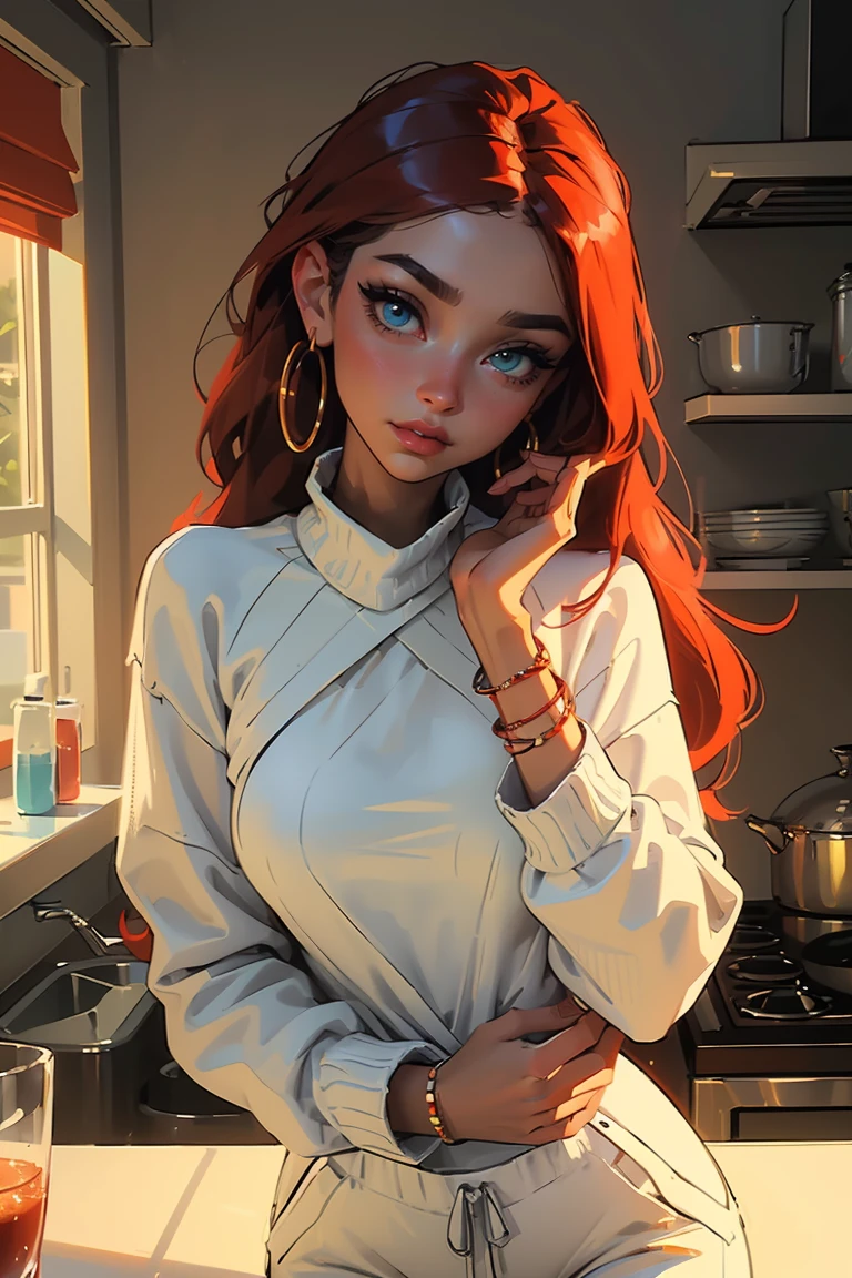 Goddess ((goddess-like woman)), slim, elegant silhouette, masterpiece, (close angle), best quality, cute face, (masterpiece:1,2, best quality), (real picture, intricate details), ( 1 lady, solo, medium tits, narrow waist, (long hair), a woman with long hair, red hair, long straight red hair, green eyes, she has an impressive presence., bracelet, hoop earrings, jewelry, beautiful face, beautiful eyes, she looks the Looking at viewer, She is wearing a large white blouse under a colorful wool sweater and short sweatpants., pig sweater, Nerdy girl, sweet shy smile, elegant pose, elegant hands, beautiful hands, perfect fingers,, Background: Room, Kitchen,