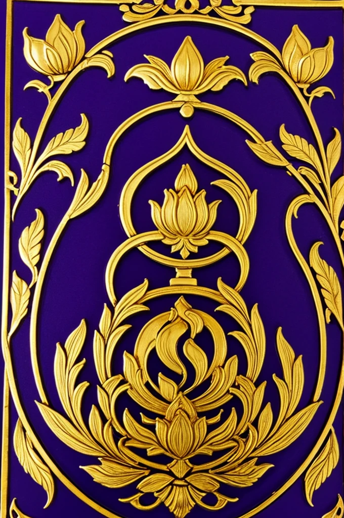 A noble family crest, and the outline is made of gold, the flaming lotus is purple