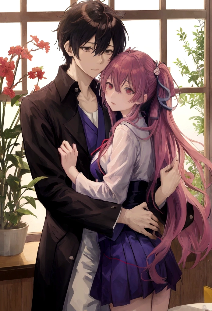 anime image of a man and woman hugging in front of a window, by Eizan Kikukawa, by Ike no Taiga, yandere, by Okumura Togyu, by Kamisaka Sekka, by Naka Bokunen, makoto shinkai and (cain kuga), by Kentaro Miura, yandere. tall
